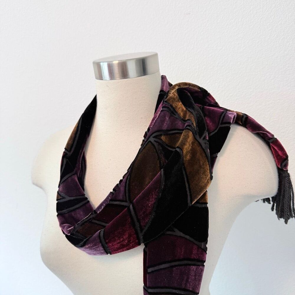 Stained Glass Velvet Burnout Sheer Mesh Black Long Scarf Floral Fringe